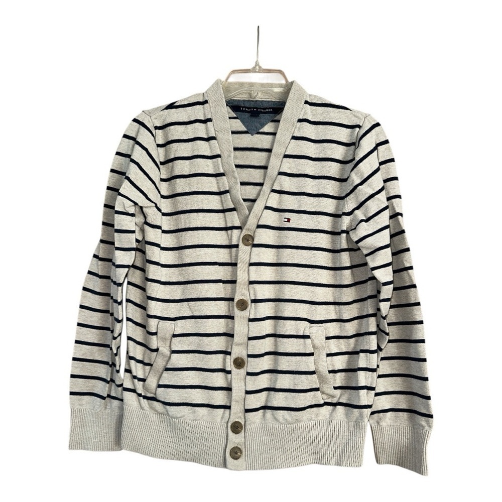 Tommy Hilfiger Men's Cream and Navy Striped Cardigan Sweater, Medium